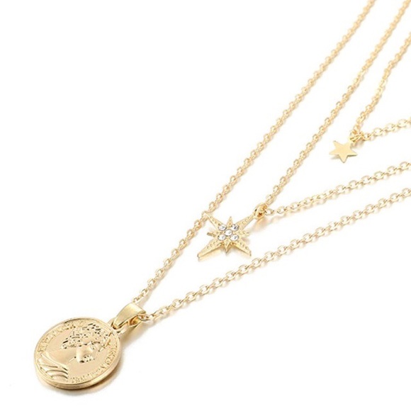 Round Coin & Star Charm Layered Necklace Gold - Picture 2 of 3